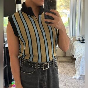 Zara blue and yellow striped quarter zip sweater vest. Worn by Yelena Belova